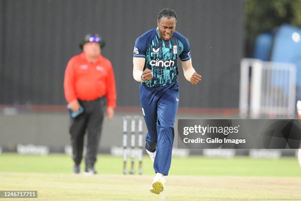 Jofra Archer of England reacts during the ICC CWCSL, 3rd Betway ODI match between South Africa and England at Diamond Oval on February 01, 2023 in...