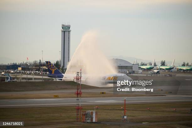 The final Boeing 747 arrives to taxi the runway at Paine Field in Everett, Washington, US, on Wednesday, Feb. 1, 2023. Boeing Co. Draws curtain on...
