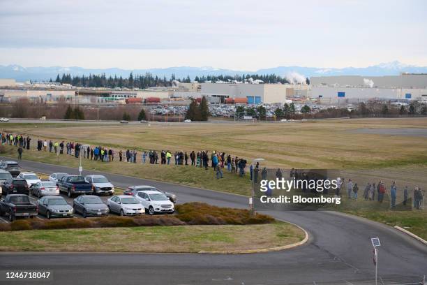 Spectators line up for the final Boeing 747 to depart Paine Field in Everett, Washington, US, on Wednesday, Feb. 1, 2023. Boeing Co. Draws curtain on...