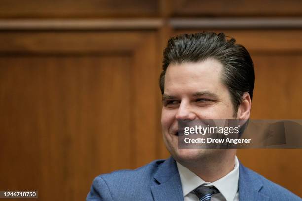 Rep. Matt Gaetz speaks during a business meeting prior to a hearing on U.S. Southern border security on Capitol Hill, February 01, 2023 in...