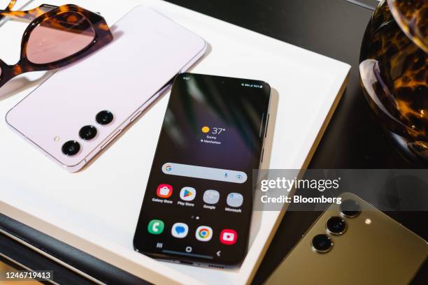 Samsung Galaxy S23 smartphones at the Unpacked event in New York, US, on Friday, Jan. 27, 2023. Samsung Electronics Co. Unveiled its latest...