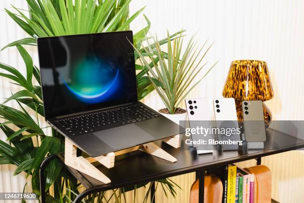 Samsung Galaxy Book3 Ultra laptop and Samsung Galaxy S23 Ultra, from left, S23+ and S23 smartphones at the Unpacked event in New York, US, on Friday,...