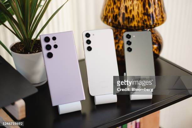 Samsung Galaxy S23 Ultra, from left, Galaxy S23+, and Galaxy S23 smartphone at the Unpacked event in New York, US, on Friday, Jan. 27, 2023. Samsung...