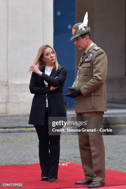Prime Minister Giorgia Meloni is waiting in the courtyard of Palazzo Chigi for Katalin Novák, President of Hungary, on February 1, 2023 in Rome,...