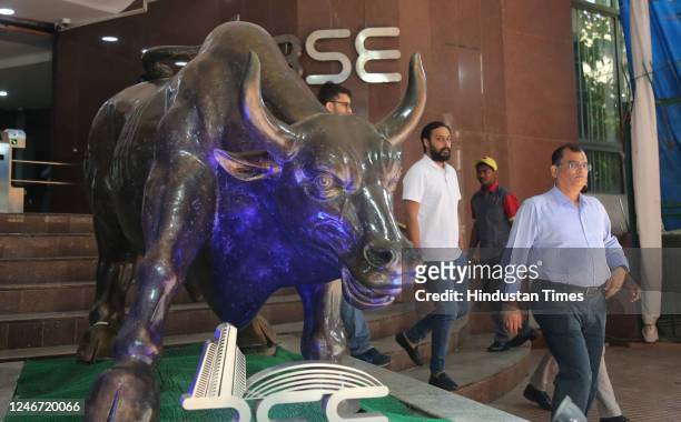 Bronze sculpture of the charging Big Bull outside Bombay Stock Exchange building while India's Finance Minister Nirmala Sitharaman is presenting the...