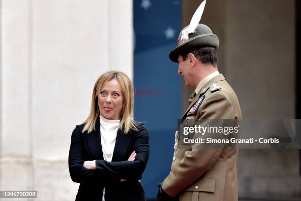 Prime Minister Giorgia Meloni is waiting in the courtyard of Palazzo Chigi for Katalin Novák, President of Hungary, on February 1, 2023 in Rome,...