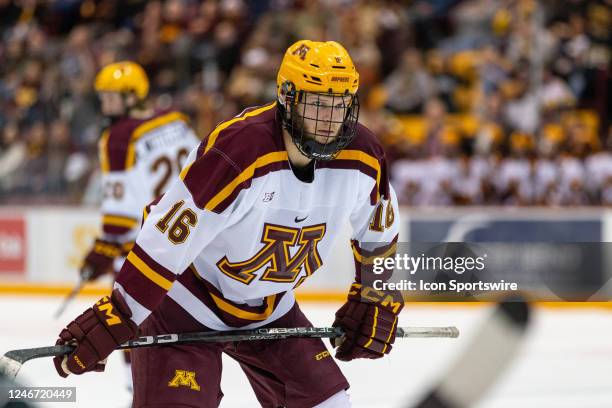 Minnesota Gophers forward Colin Schmidt gets ready for a faceoff during the college hockey game between the Michigan State Spartans and the Minnesota...