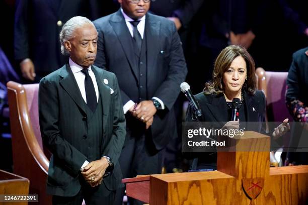 Rev. Al Sharpton listens as US Vice President Kamala Harris speaks during the funeral service for Tyre Nichols at Mississippi Boulevard Christian...