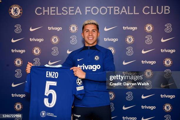 Chelsea unveil new signing Enzo Fernandez at Chelsea Training Ground on February 1, 2023 in Cobham, England.