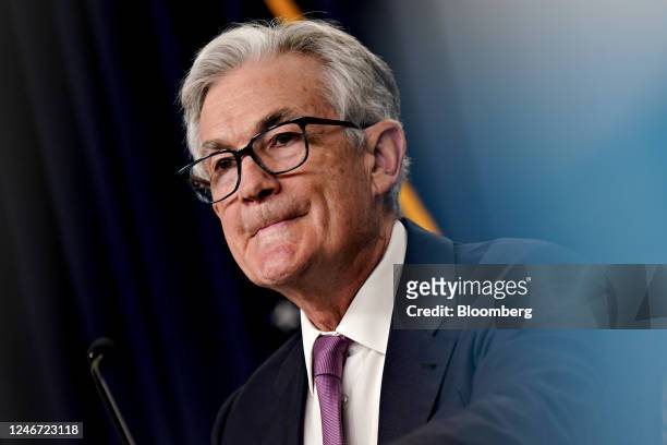Jerome Powell, chairman of the US Federal Reserve, during a news conference following a Federal Open Market Committee meeting in Washington, DC, US,...