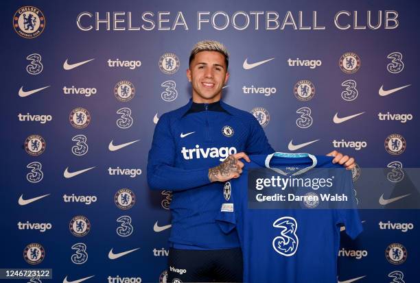 Chelsea unveil new signing Enzo Fernandez at Chelsea Training Ground on February 1, 2023 in Cobham, England.