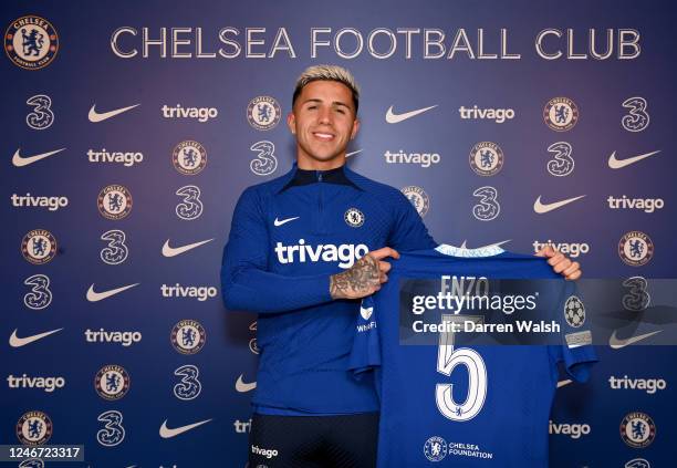 Chelsea unveil new signing Enzo Fernandez at Chelsea Training Ground on February 1, 2023 in Cobham, England.