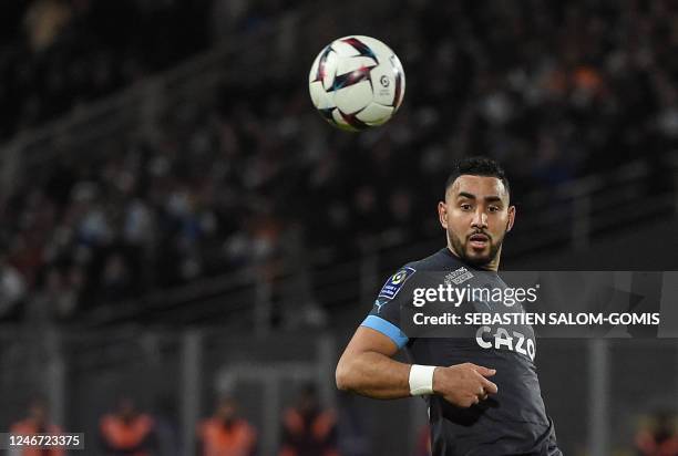 Marseille's French forward Dimitri Payet heads the ball during the French L1 football match between FC Nantes and Olympique Marseille at the Stade de...