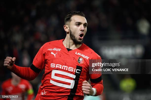 Rennes' French forward Amine Gouiri celebrates after scoring during the French L1 football match between Stade Rennais FC and RC Strasbourg Alsace at...