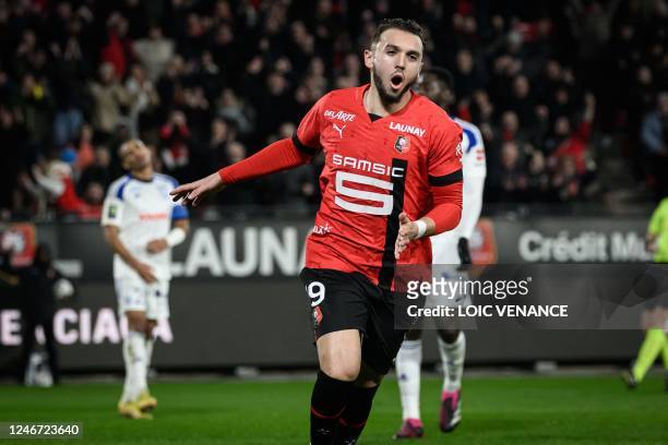 Rennes' French forward Amine Gouiri after scoring during the French L1 football match between Stade Rennais FC and RC Strasbourg Alsace at the...