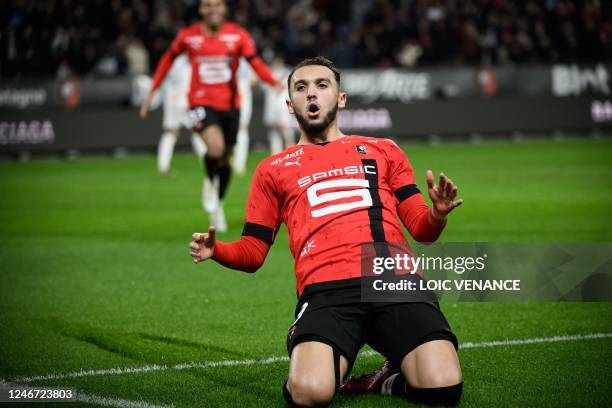 Rennes' French forward Amine Gouiri after scoring during the French L1 football match between Stade Rennais FC and RC Strasbourg Alsace at the...