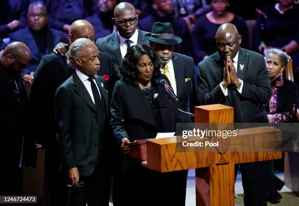 Flanked by Rev. Al Sharpton and her husband Rodney Wells, RowVaughn Wells speaks during the funeral service for her son Tyre Nichols at Mississippi...