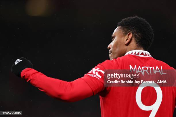 Anthony Martial of Manchester United celebrates after scoring a goal to make it 1-0 during the Carabao Cup Semi Final 2nd Leg match between...