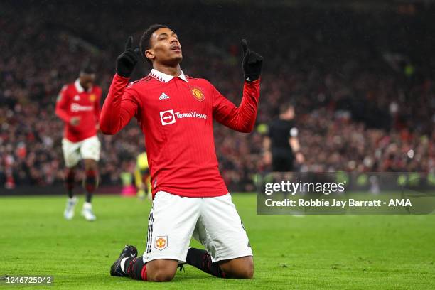 Anthony Martial of Manchester United celebrates after scoring a goal to make it 1-0 during the Carabao Cup Semi Final 2nd Leg match between...