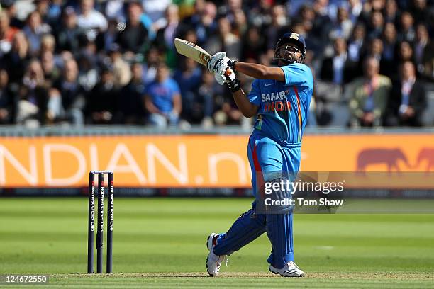 Suresh Raina of India hits out during the 4th Natwest One Day International match between England and India at Lord's Cricket Ground on September 11,...