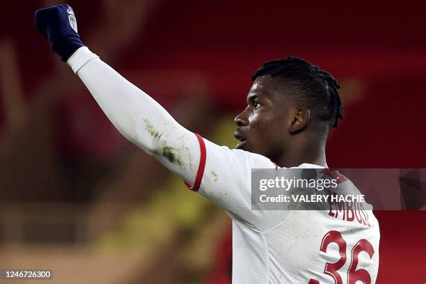 Monaco's Swiss forward Breel Embolo celebrates after scoring a goal during the French L1 football match between AS Monaco and AJ Auxerre at the Louis...