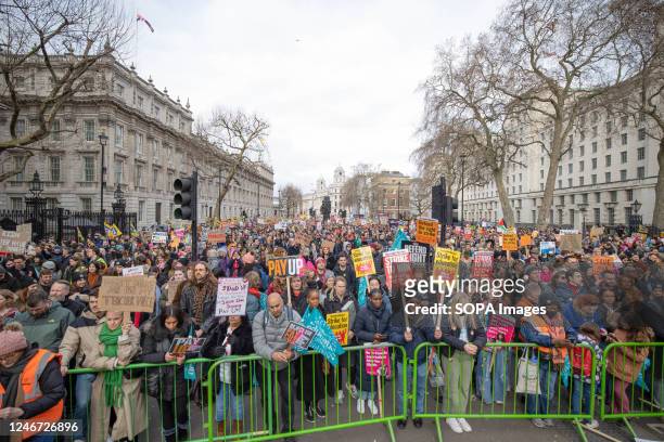 Trade Union members and supporters are seen holding placards during the National Strike Day for multiple sectors in the UK. More than 30000 trade...