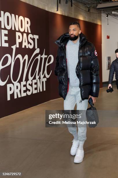 Khem Birch of the Toronto Raptors arrives to the arena before the game against the Utah Jazz on February 1, 2023 at vivint.SmartHome Arena in Salt...
