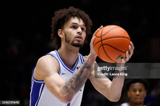 Dereck Lively II of the Duke Blue Devils prepares to shoot a free throw during their game against the Wake Forest Demon Deacons at Cameron Indoor...