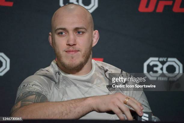 Serghei Spivac speaks to the media ahead of their UFC Vegas 68 bout on February 1 at the UFC APEX in Las Vegas, NV.