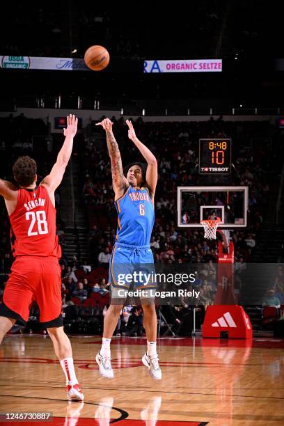 Jaylin Williams of the Oklahoma City Thunder shoots a three point basket during the game against the Houston Rockets on February 1, 2023 at the...