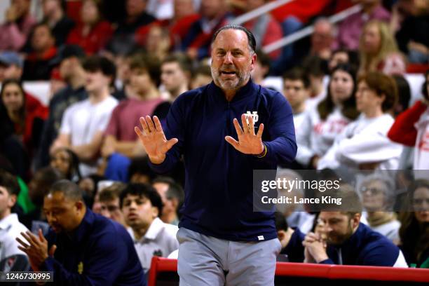 Head coach Mike Brey of the Notre Dame Fighting Irish reacts during their game against the NC State Wolfpack at PNC Arena on January 24, 2023 in...