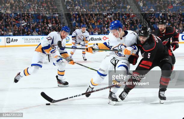 Jack Quinn of the Buffalo Sabres battles against Jalen Chatfield of the Carolina Hurricanes as he attempts to drop a pass to Tyson Jost during an NHL...