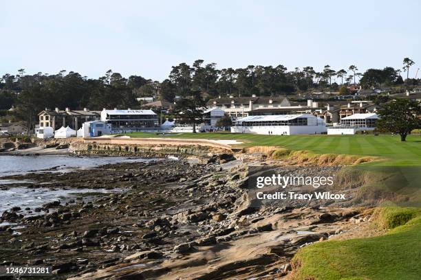 View of the 18th hole to the AT&T Pebble Beach Pro-Am at Pebble Beach Golf Links on February 1, 2023 in Pebble Beach, California.