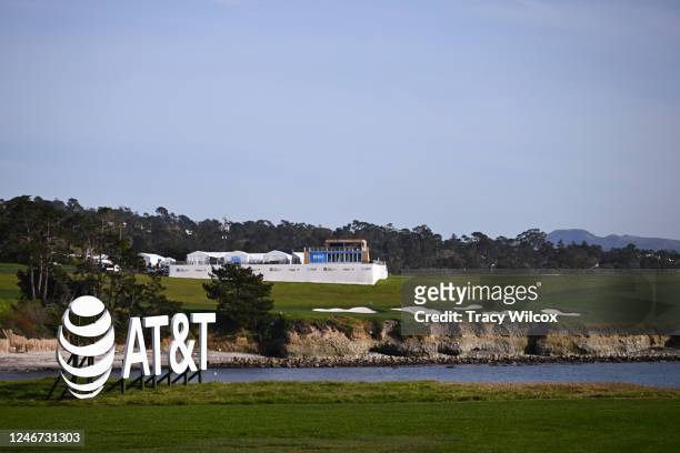 Signage on the 17th hole prior to the AT&T Pebble Beach Pro-Am at Pebble Beach Golf Links on February 1, 2023 in Pebble Beach, California.