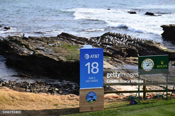 18th tee signage prior to the AT&T Pebble Beach Pro-Am at Pebble Beach Golf Links on February 1, 2023 in Pebble Beach, California.