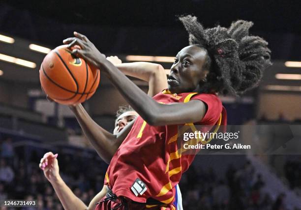 Nyamer Diew of the Iowa State Cyclones grabs a defensive rebound in the second half against the Kansas State Wildcats on February 1, 2023 at Bramlage...