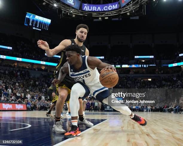 Angelo Russell of the Minnesota Timberwolves drives to the basket during the game against the Golden State Warriors on February 1, 2023 at Target...