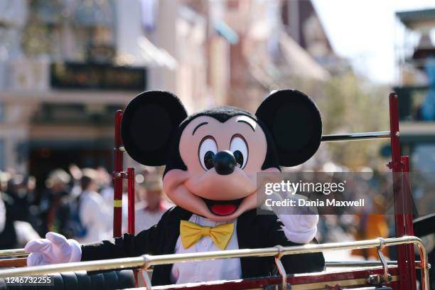 Anaheim, CA Mickey Mouse participates in a parade during a 100 year celebrations focusing on the Walt Disney Co. Turning 100 at Disneyland on...