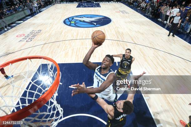 Anthony Edwards of the Minnesota Timberwolves drives to the basket during the game against the Golden State Warriors on February 1, 2023 at Target...