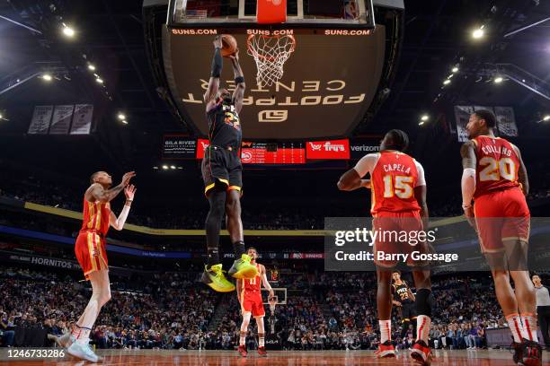 Deandre Ayton of the Phoenix Suns drives to the basket during the game against the Atlanta Hawks on February 1, 2022 at Footprint Center in Phoenix,...