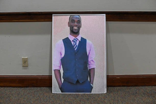 Photo of Tyre Nichols is displayed outside the sanctuary during church service at Mt. Olive Cathedral CME Church on January 29, 2023 in Memphis,...