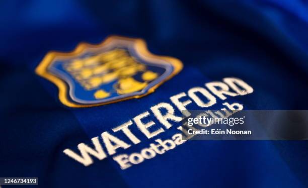 Cork , Ireland - 1 February 2023; A detailed view of the Waterford crest before a Waterford FC squad portrait session at RSC in Waterford.