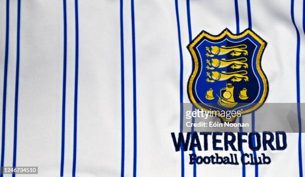 Cork , Ireland - 1 February 2023; A detailed view of the Waterford crest before a Waterford FC squad portrait session at RSC in Waterford.