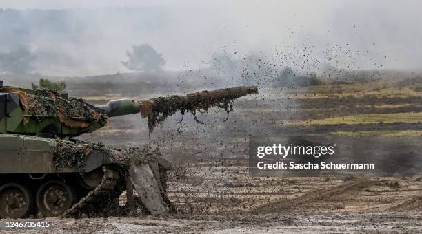 Leopard 2 A6 main battle tank carries out manoeuvres during a visit by German Defence Minister Boris Pistorius to the Bundeswehr's Panzerbataillon...