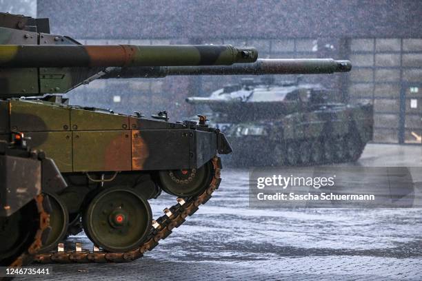 Leopard 2 A6 main battle tanks during a visit by German Defence Minister Boris Pistorius to the Bundeswehr's Panzerbataillon 203 tank squadron on...