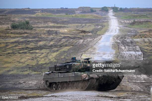 Leopard 2 A6 main battle tank carries out manoeuvres during a visit by German Defence Minister Boris Pistorius to the Bundeswehr's Panzerbataillon...