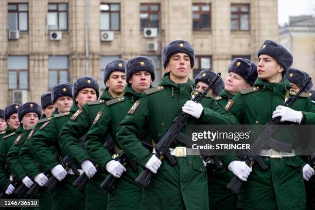 Russian servicemen march during a military parade marking the 80th anniversary of the Soviet victory at the Battle of Stalingrad during World War...