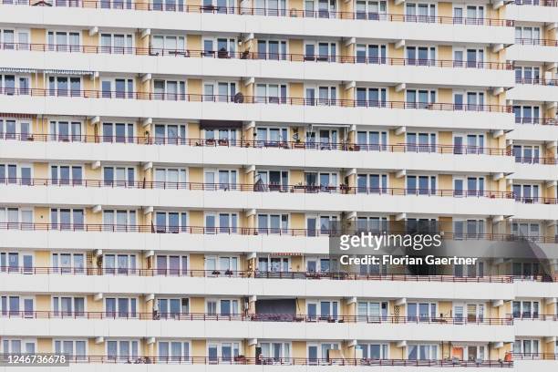 The front of an industrialized apartment block is pictured in the district Marzahn on February 01, 2023 in Berlin, Germany.