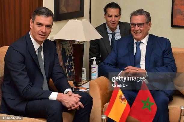 Morocco's Prime Minister Aziz Akhannouch meets with his Spanish counterpart Pedro Sanchez , in Rabat, on February 2, 2023. - Spanish Prime Minister...