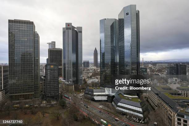 The headquarters of Deutsche Bank AG, center right, in the financial district of Frankfurt, Germany, on Thursday, Feb. 2, 2023. Deutsche Bank vowed...